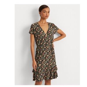 Lauren Ralph Lauren V-neck Midi floral black flutter sleeve 10 faux wrap dress